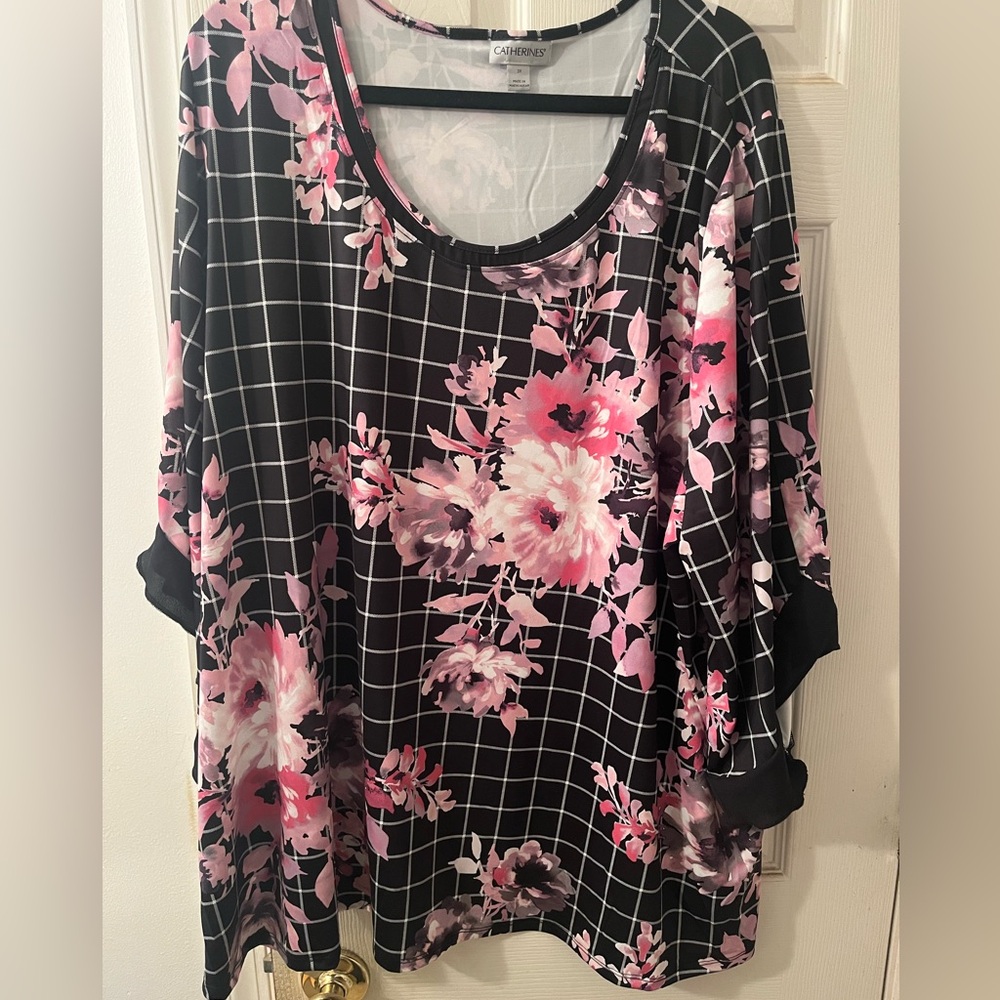 3X Catherines Black and Pink Floral Blouse